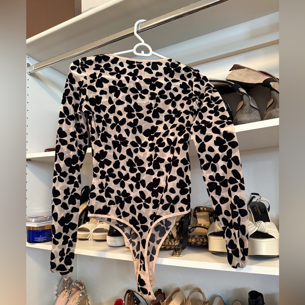 Victoria's  Black sheer Floral Velvet Long-Sleeve Bodysuit
